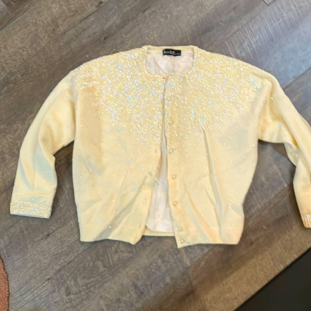 Anne Scott 1950s sequined pale yellow 100% cashmere sweater